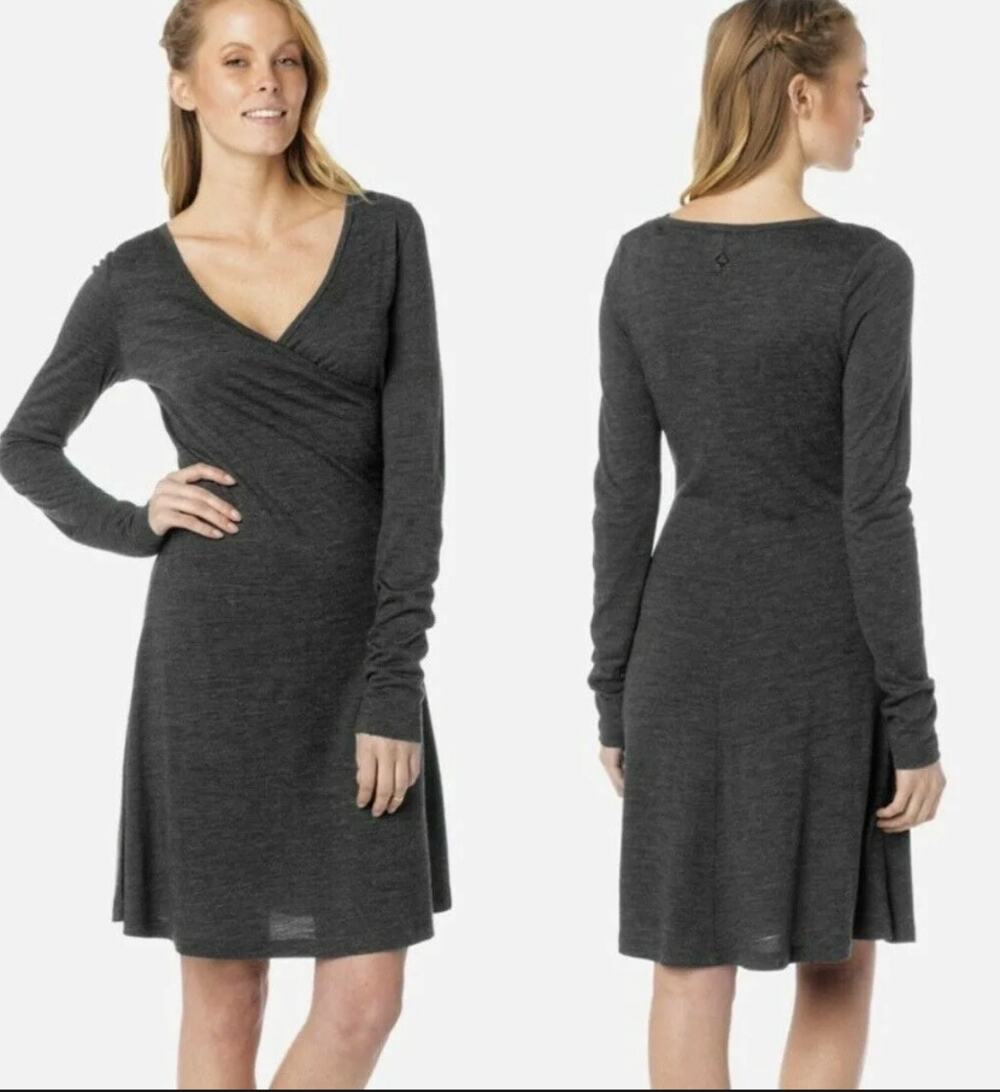 PRANA Nadia Womens Gray Wool Blend 3/4 Sleeve Faux Wrap Mini Dress Size XL